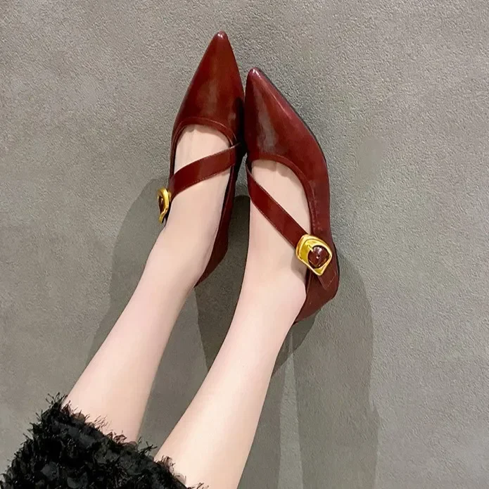 

Women's Retro Flat Heel Outdoor Casual Mary Jane Red New Flat Shoes Fashion Shallow Slip on Ladies Pointed Elegant Soft Shoes