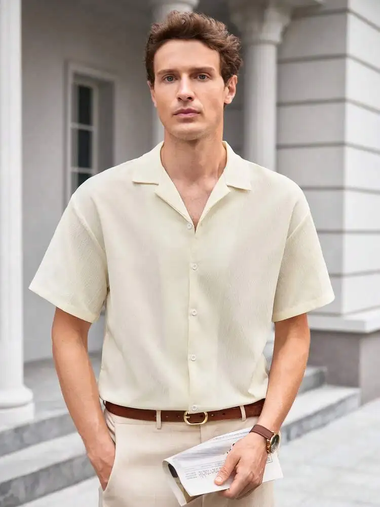 Men s Apricot Woven Textured Lapel Short Sleeve Shirt For Business Casual Commuting Gift For Father Husband