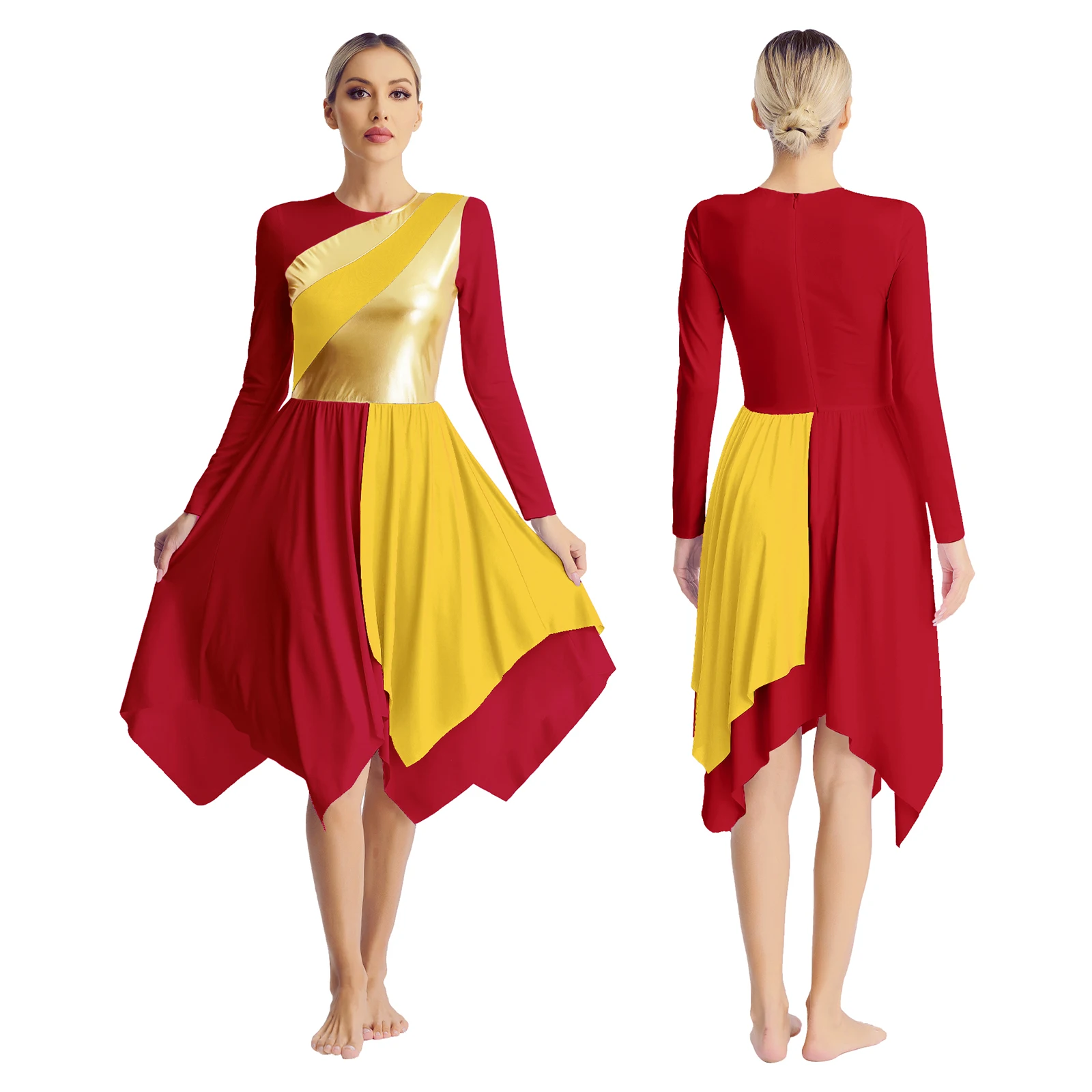 Womens Adults Church Worship Lyrical Dance Dress Contrast Color Asymmetrical Long Sleeve Dresses Praise Performance Costume