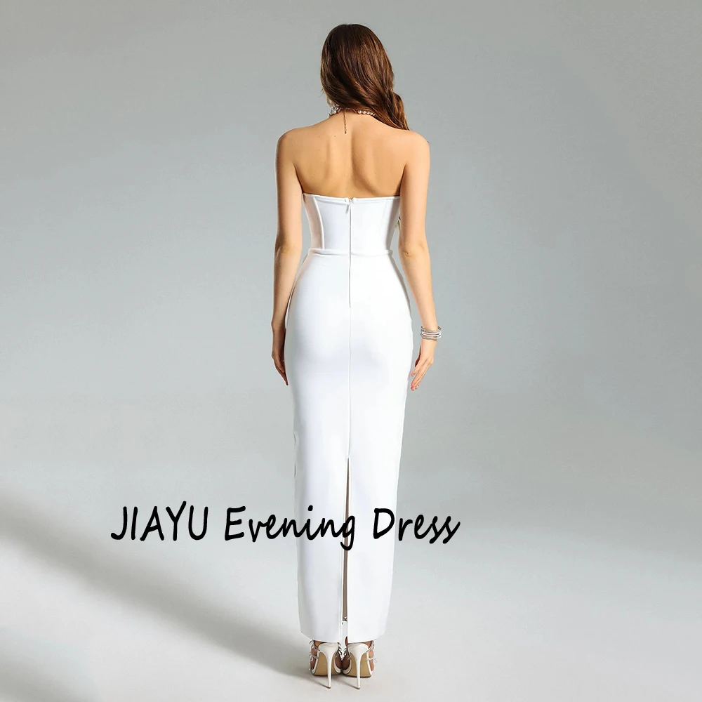 Abito da sera dritto in raso con applicazioni senza spalline personalizzate, senza schienale, con cerniera, lunghezza alla caviglia, abito da ballo alla caviglia