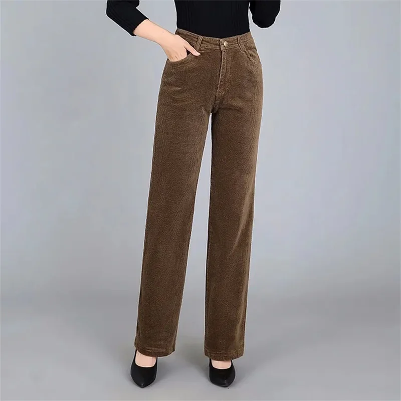 Pantaloni da donna in velluto a coste da lavoro d\'ufficio pantaloni classici di base madre tinta unita a vita alta pantaloni al caramello autunno