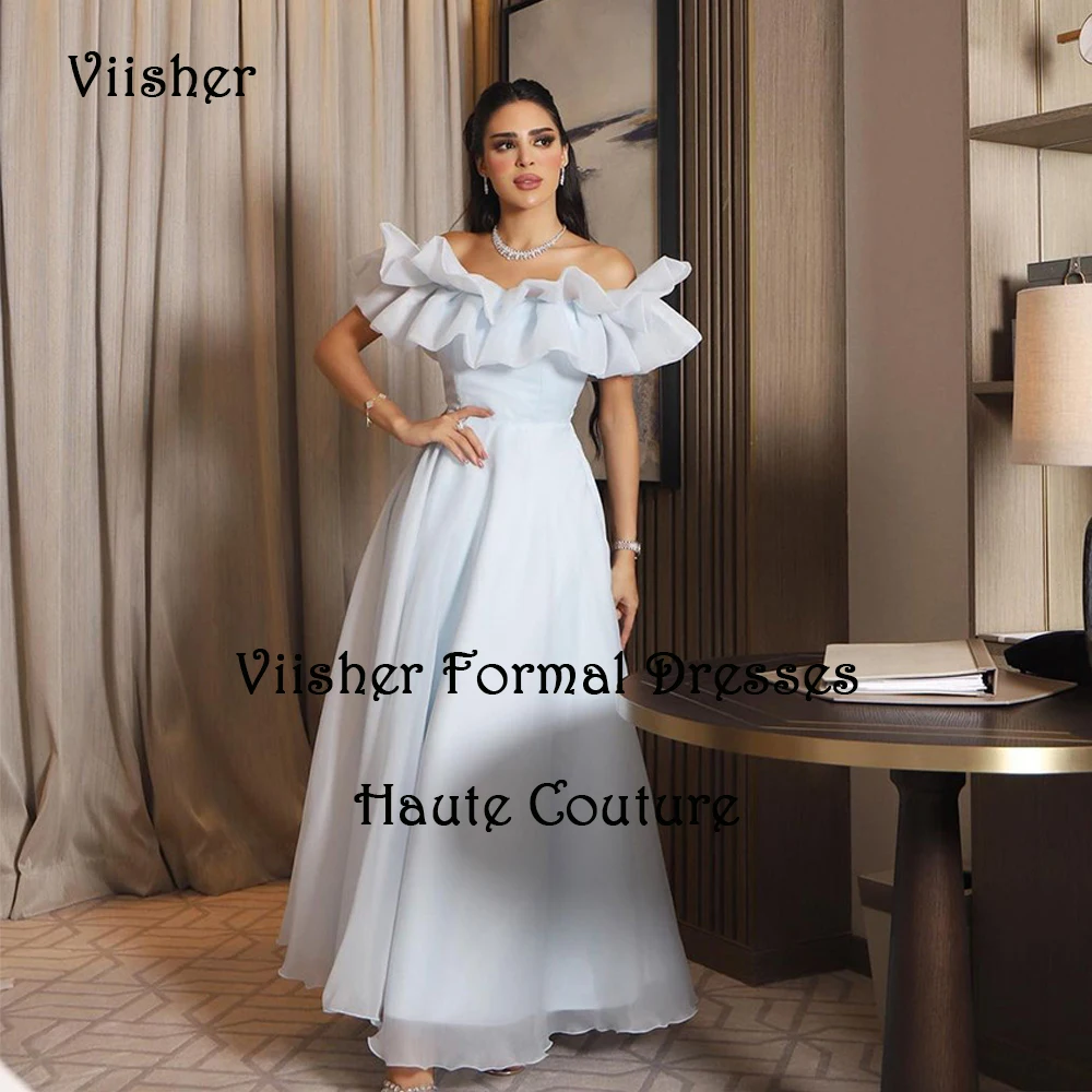 

Sky Blue Organza Evening Dresses Off Shoulder A Line Formal Dress Arabian Dubai Prom Party Gowns Floor Length