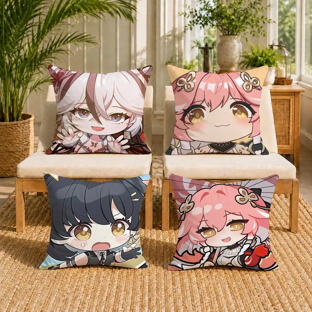 Q Version Wuthering Waves Camellya Cushion Cover Short Plush Pillow Case Wrinkle-Resistant Machine-Washable For Easy Care