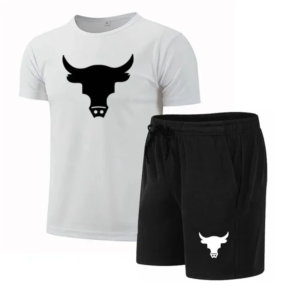 

3D Summer Fitness Men Running Short Sleeve T-Shirt Shorts 2 Piece Set Sportswear Casual Fitness Sports Quick-drying Suit
