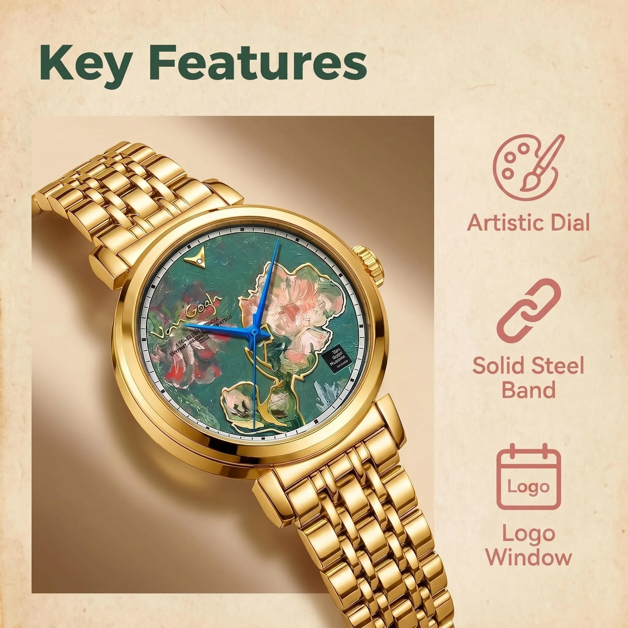 Gold Steel Strap Quartz Watch Van Gogh Oil Painting Flower Dial 36mm For Women Retro Chinese Style Accessory