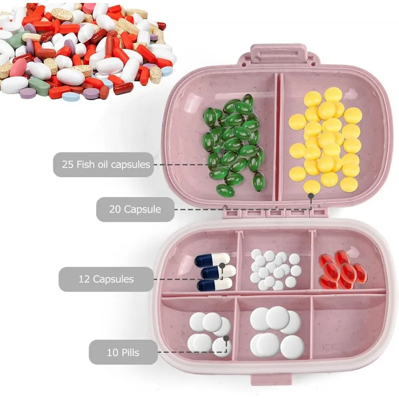 

Eight-compartment pink portable pillbox, travel medicine organizer, small pillbox, medicine and vitamin storage container