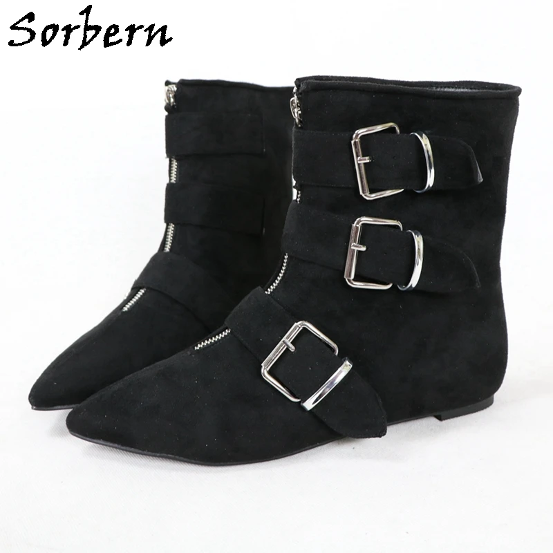 Sorbern Black Flat Heel Ankle Boots For Women Wide Ankle Front Zipper Pointed Toe Buckles Straps Custom Multi Colors