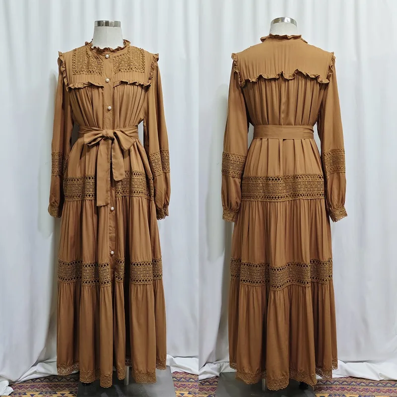 Jalabiya Women Eid Muslim Dress Abayas Embroidered Hollow Out Lace Lapel Collar Long Sleeve Robe Vestidos Women Party Dresses