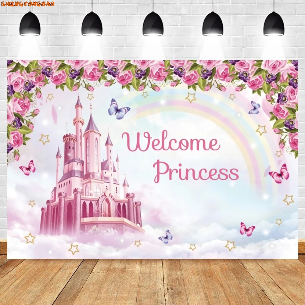 Castelo arco-íris princesa aniversário fotografia pano de fundo dourado glitter unicórnio feliz aniversário meninas festa decoração fundo