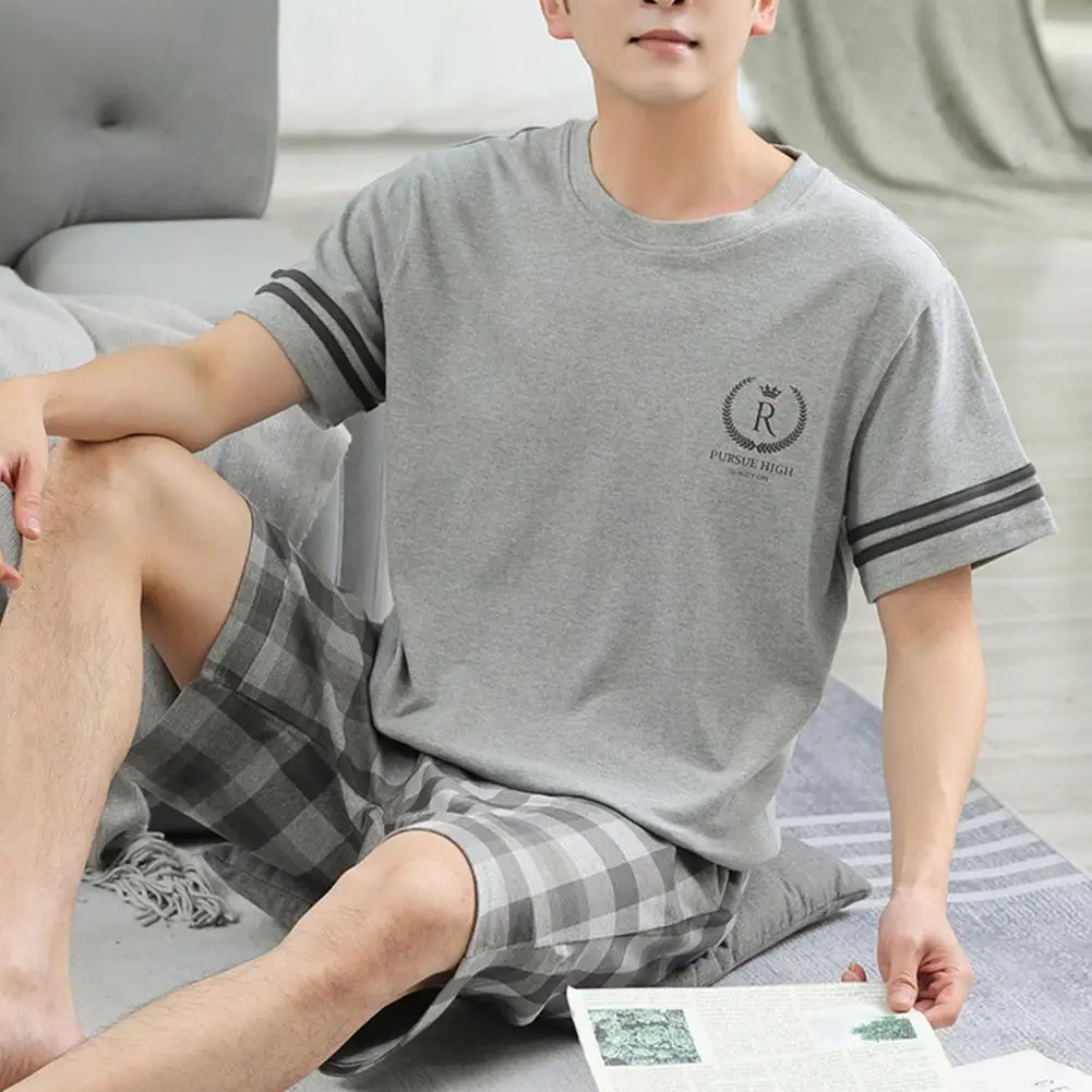 Men Leisurewear Set Men's Summer Pajamas Set with O-neck Tee Shirt Wide Leg Shorts Plaid Pants Shorts Pajamas Set for Leisure