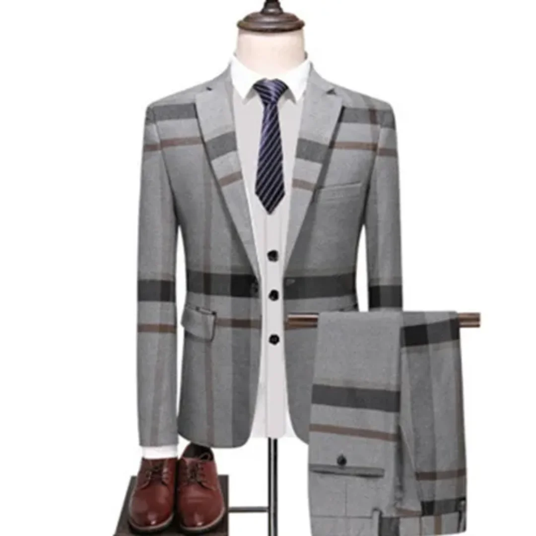 

2 Pcs Suits Set Coat Vest Pants Fashion Men's Casual Boutique Business Plaid Slim Formal Dress Blazers Jacket Waistcoat