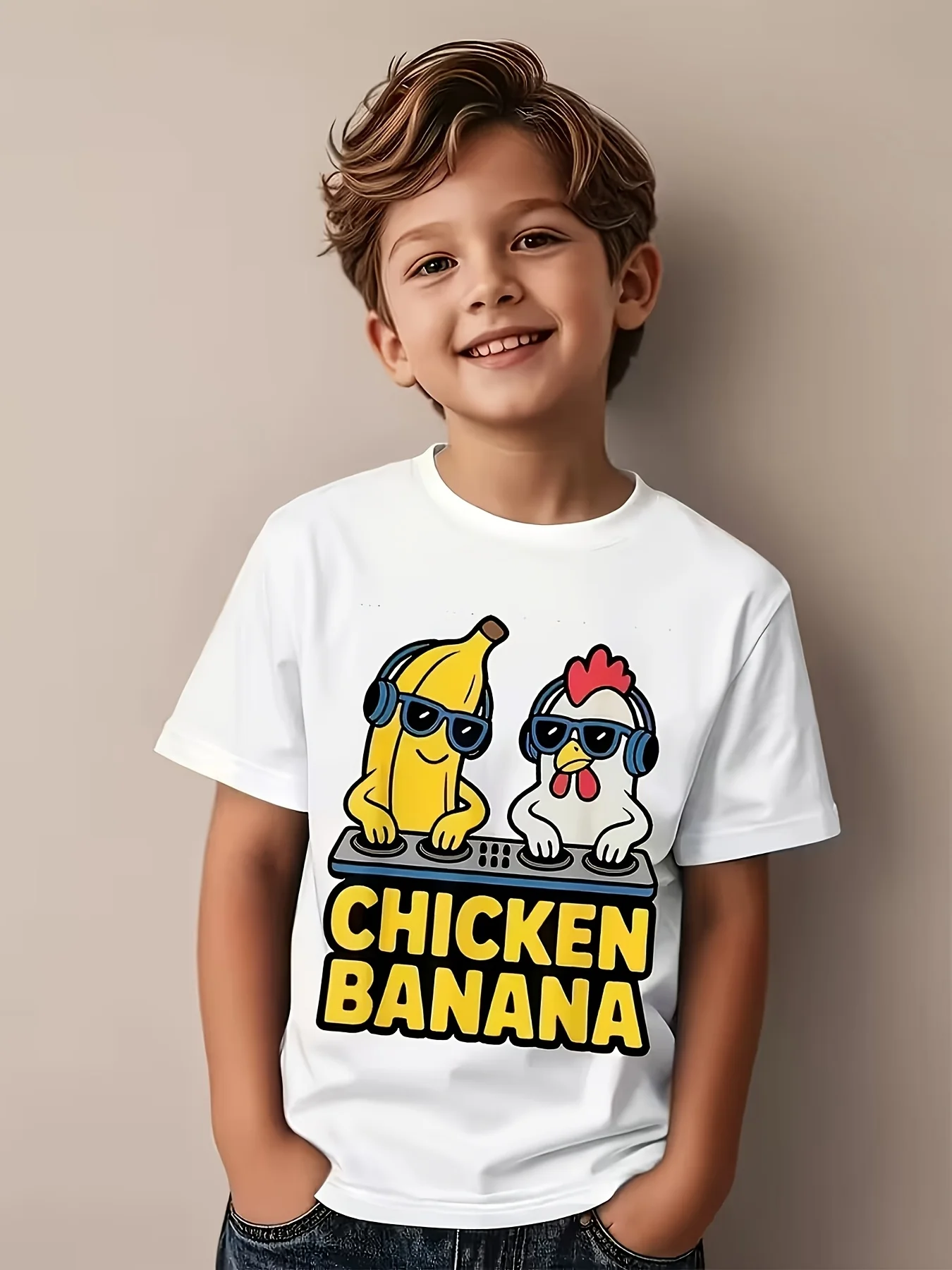 Dj Banana Chicken Headphones Cartoon Print Family Matching Cotton Tees Short Sleeve Tops For Mom Dad Boys Girls Daily Wear