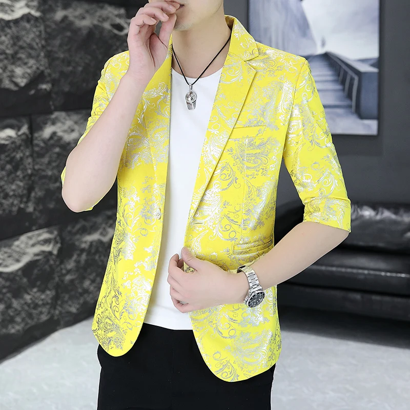 

2024 Men's spring and summer new seven-quarter sleeve small suit printed mid-sleeve jacket casual fashion printed suit