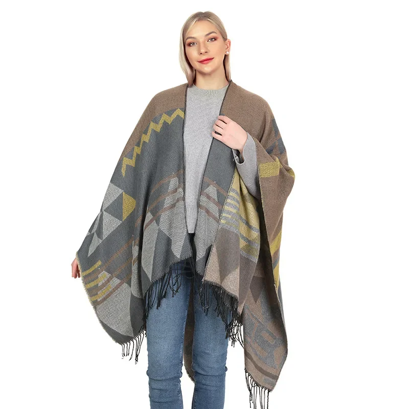 Autumn Winter Geometric pattern tassel Double sided Split Warm Cape Women Imitation Cashmere  Poncho Lady Capes Blue Cloaks