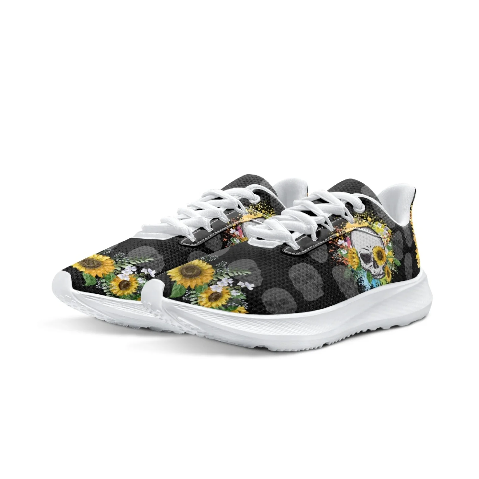 INSTANTARTS Day Of The Dead Skeleton Women's Running Shoes Sunflower Flower Skull Print Shoes Gym Indoor Sneakers Zapatos Mujer