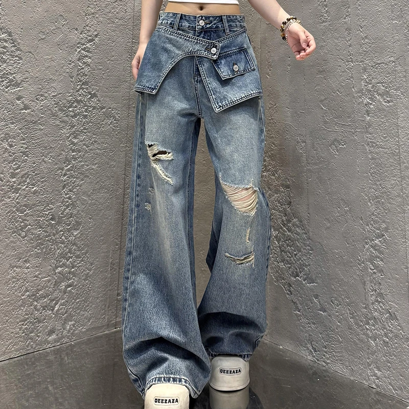 

Американские винтажные рваные джинсы женские уличные нерегулярные повседневные ленивые джинсовые брюки с высокой талией прямые широкие брюки Harajuku Y2K