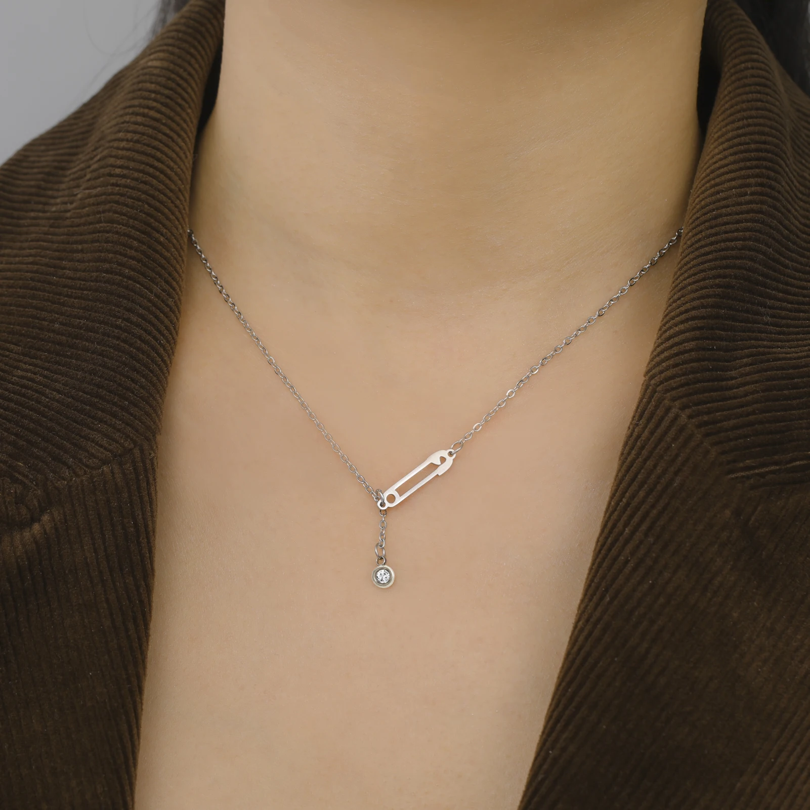 Unift Zircon Safety Pin Dangle Necklace for Women Girl Stainless Steel Necklace Choker Trendy Elegant Hope Faith  Jewelry Gift