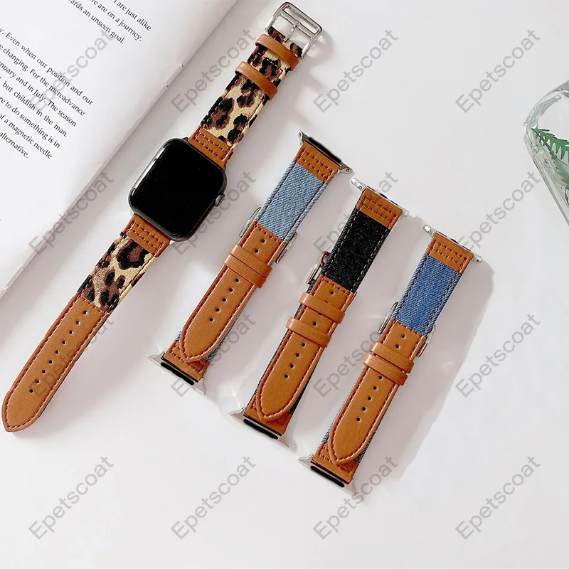 Leather denim color blocked leopard print bands for Apple Watch 10 46 42 mm 9 8 7 6 5 4 3 Ultra 1 2 SE 38 40 41 44 45 loops 005