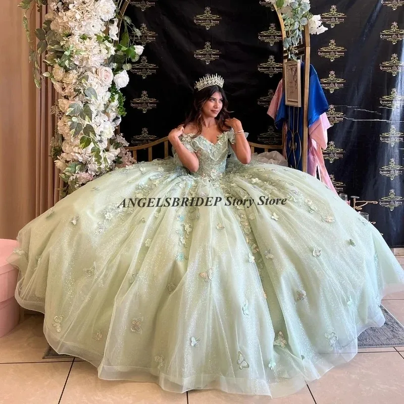 ANGELSBRIDEP vestido De quinceañera con hombros descubiertos, apliques De encaje, tul, Verde menta, fiesta De cumpleaños, graduación, 15 años