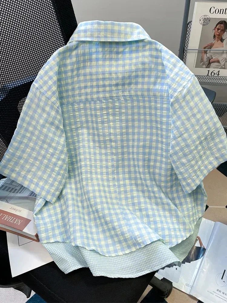 Camisa informal a cuadros Vintage para mujer, blusa bonita de verano de manga corta holgada dulce, Tops coreanos Retro con retazos florales