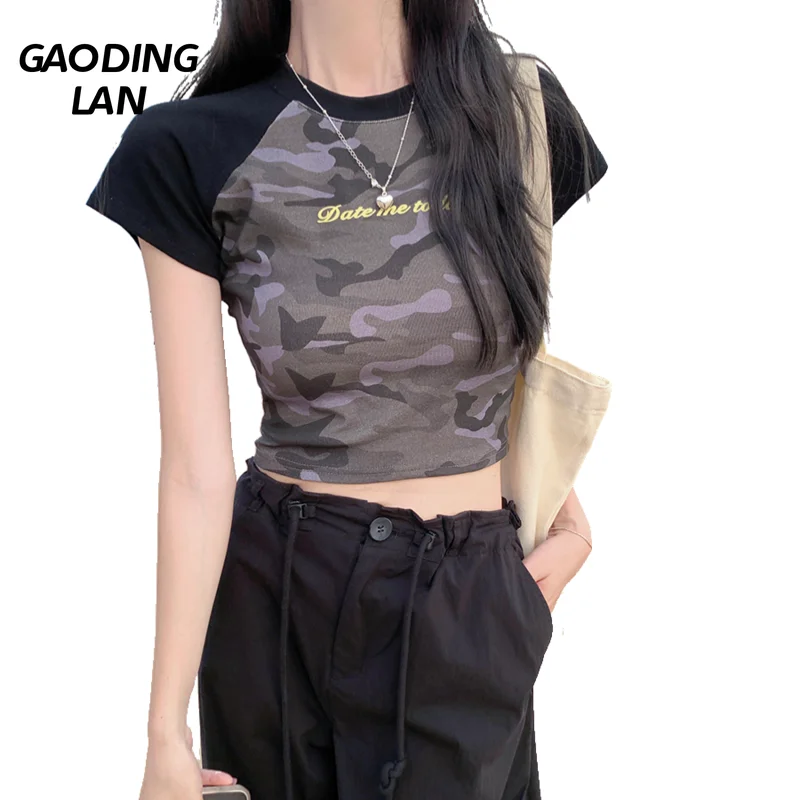 Summer Hottie Camouflage Slim Waist Tight T-shrits Women Expose Navel Short Crop Tops Ladies High Street Short Sleeve Sexy Tees