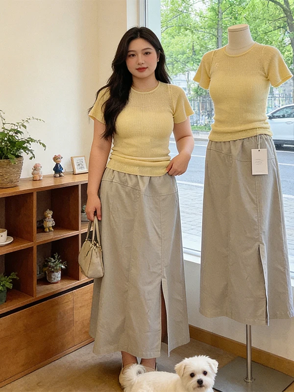 

Summer Outfit Women's Yellow Short Sleeve Top And A-Line Skirt Two-Piece Set Retro Cover Hip Fashionable Ensemble