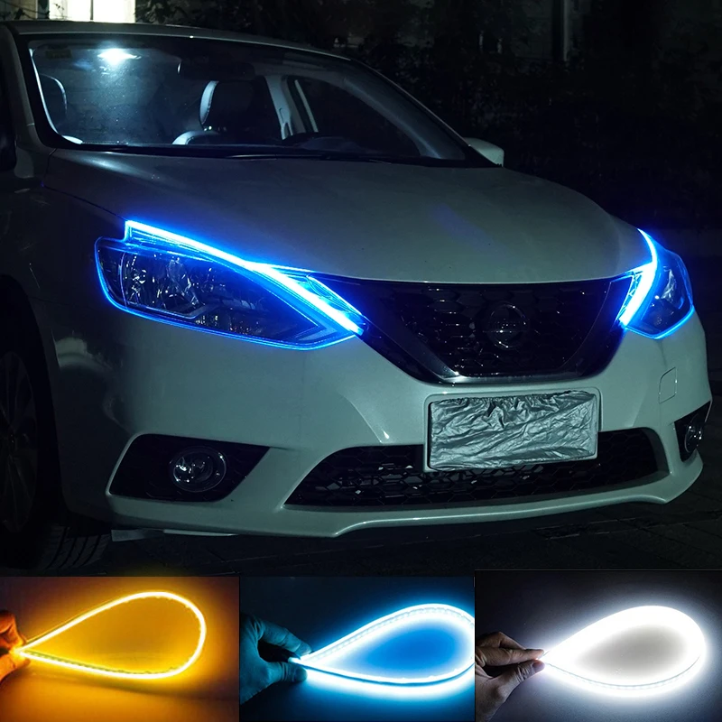 2Pcs Customizable DIY Car LED DRL Daytime Running Light Strips Waterproof Flowing Turn Signal Yellow Light Decorative Lamp 12V