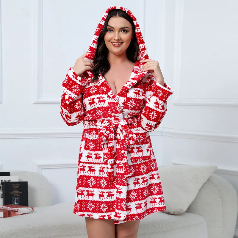 

nightgown women's new hot-selling warm plus size flannel nightgown thickened bathrobe Christmas deer holiday morning gown