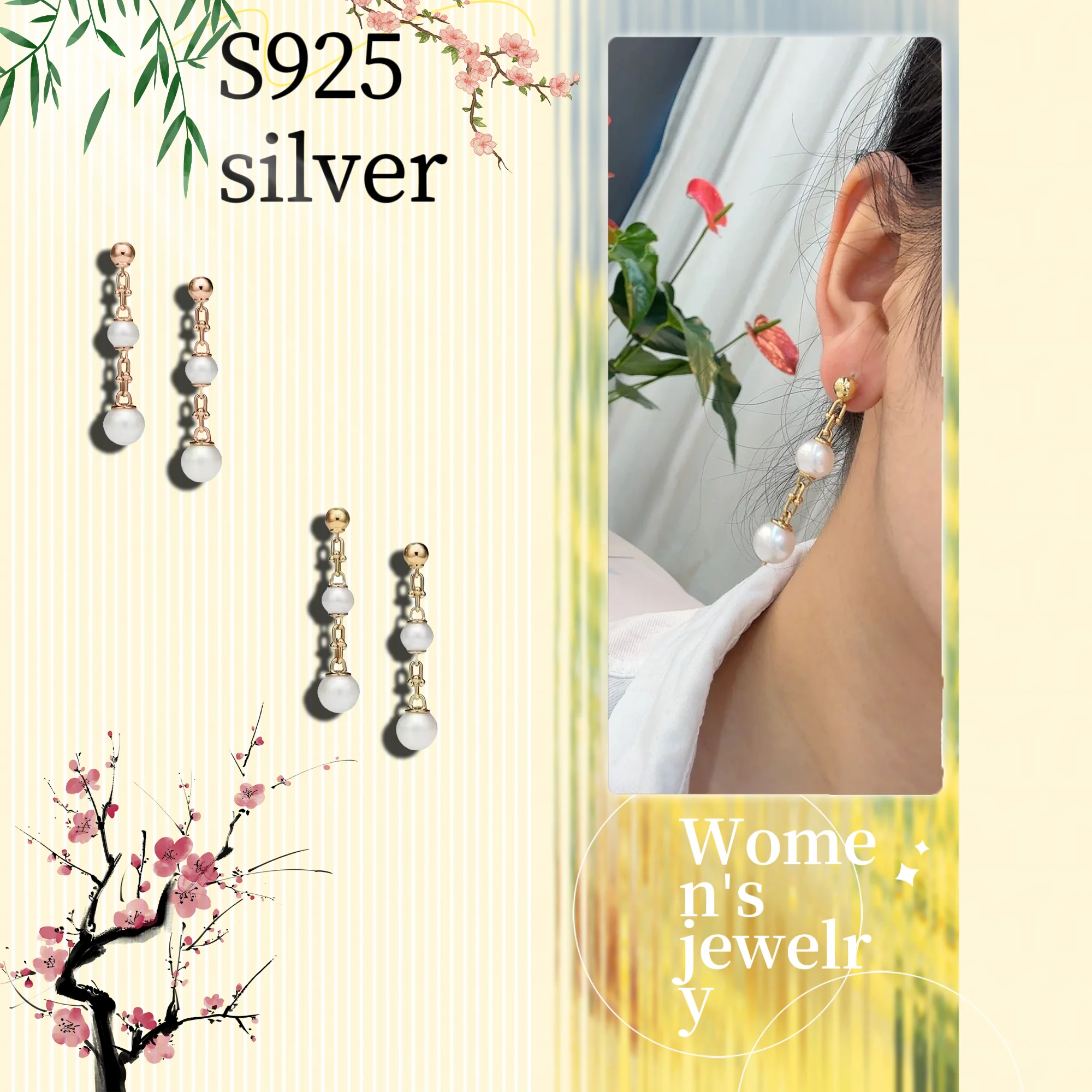 

Pure silver S925T home style women's jewelry, American tassel pearl luxury earrings, gift for girlfriend wearing gift