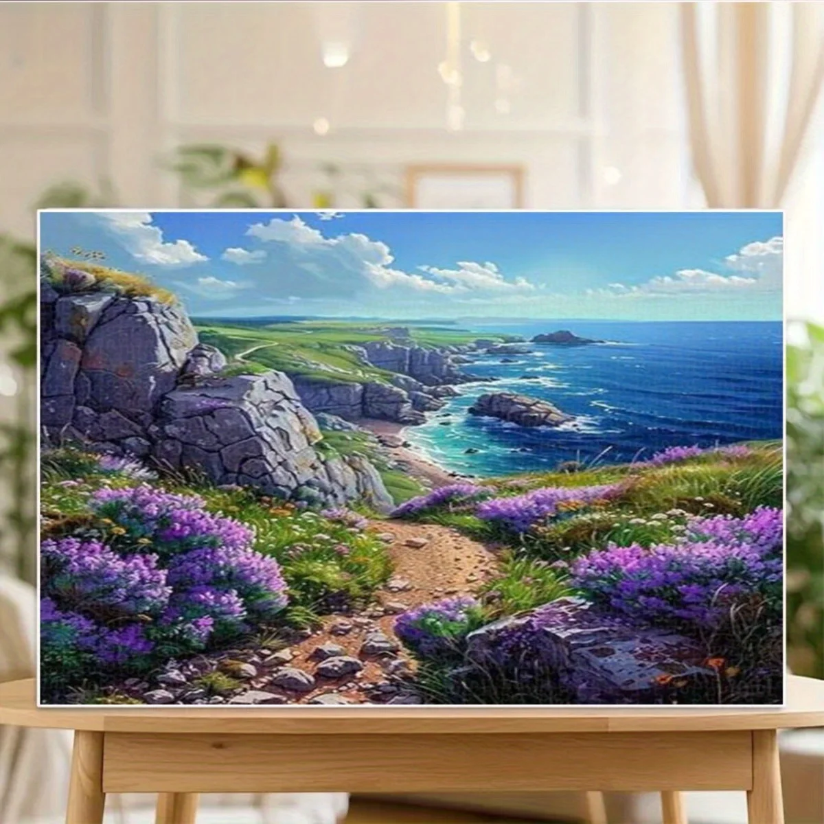 จิ๊กซอว์ภาพศิลปะแนวธรรมชาติสำหรับผู้ใหญ่ ลายหน้าผาชายทะเลพร้อมดอกไม้สีม่วง เกมเสริมสร้างสติปัญญา ของเล่นตกแต่งบ้านเพื่อการพักผ่อน