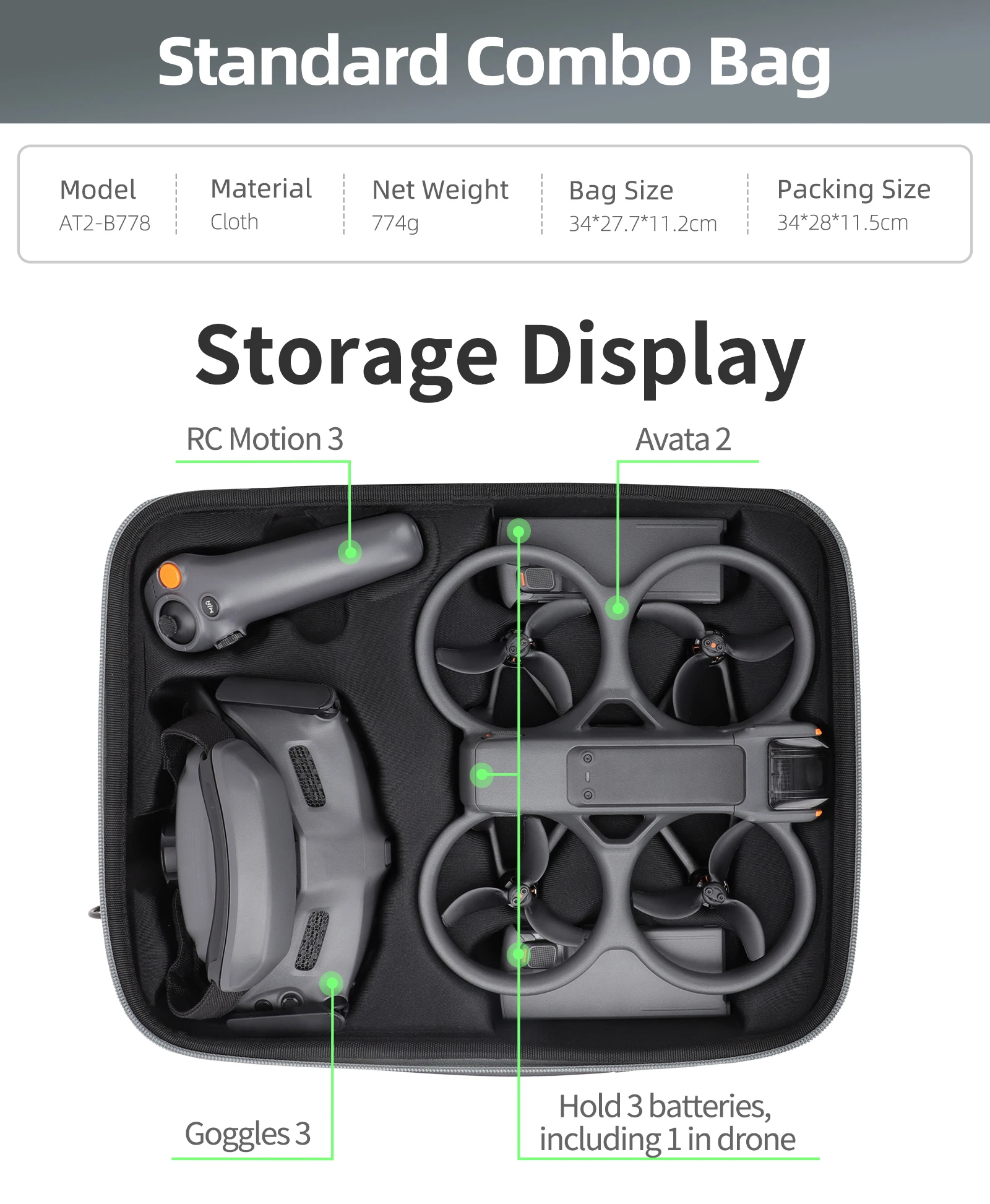 Borsa portaoggetti per DJI Avata 2 custodia per occhiali 3 borsa da trasporto portatile per DJI Avata 2 FPV Drone accessori Kit borsa a tracolla