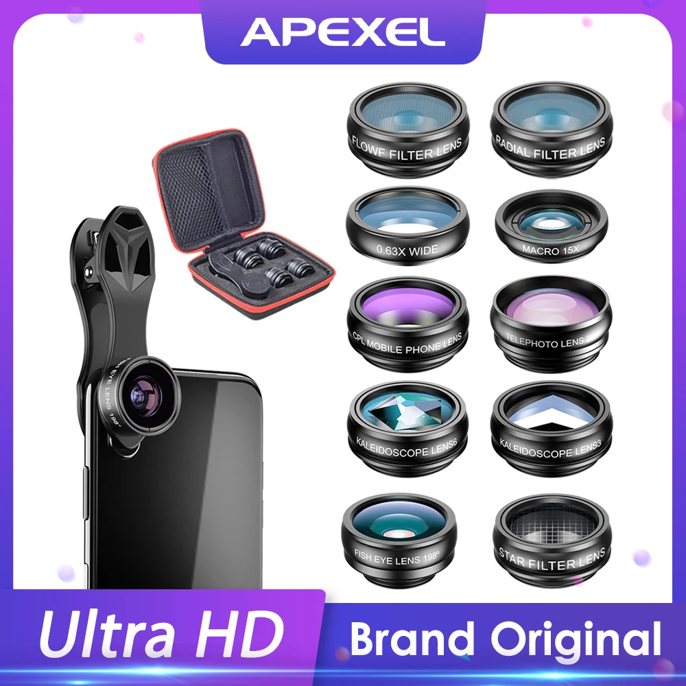 

APEXEL Phone Camera Lens Kit 10 in 1 Fisheye Wide Angle Macro CPL Filter Kaleidoscope and HD 2X Telescope Lenses for Smartphone