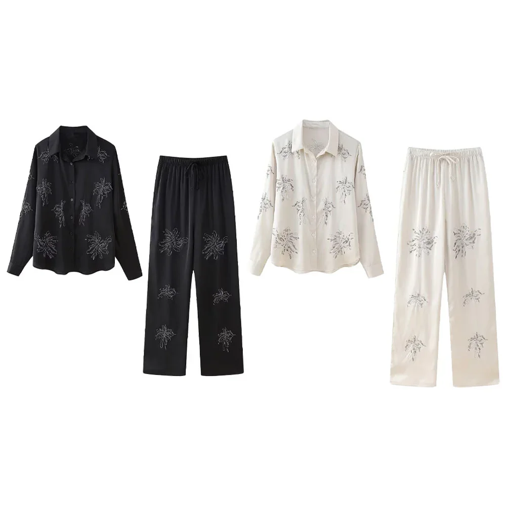 

2025 Spring Autumn New Product Women's Fashion Casual Polo Collar Long Sleeve Beaded Embroidered Shirt and Pants Set