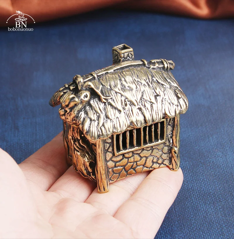 Retro Brass Classical Chinese Style House Figurines Incense Holder Burner Desk Ornaments Mini Thatched Cottage Home Decor Crafts