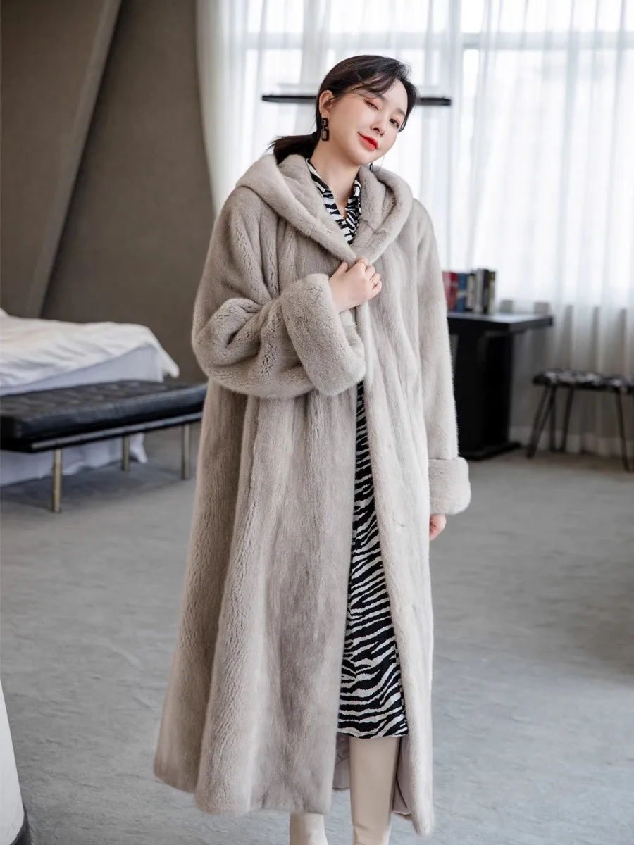 Autumn Winter Long Luxury Elegant Thick Warm Fluffy Soft Faux Mink Fur Coat Women with Hood Loose Furry Overcoat 2025