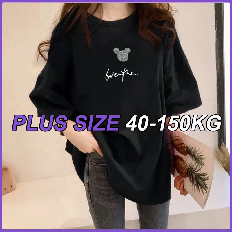 

Plus Size T-Shirts Cartoon Mickey Print Short Sleeve Tees M-4XL Women's Summer New Korean Version Of Loose Round Neck Y2K Top