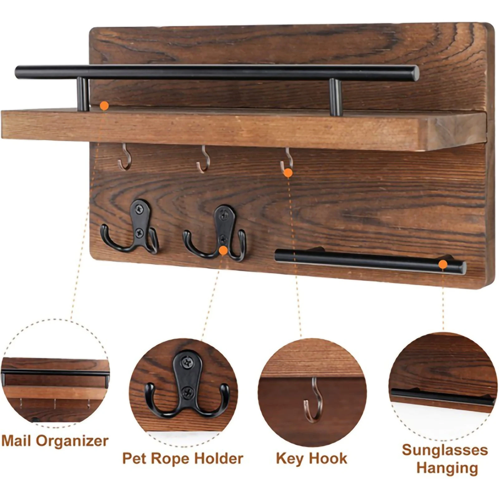 Wooden Wall Key Holder with 5 Hooks Wall Mounted Key Racks Rustic Wallet Mail Organizer Shelf Home Decoration for Hallway