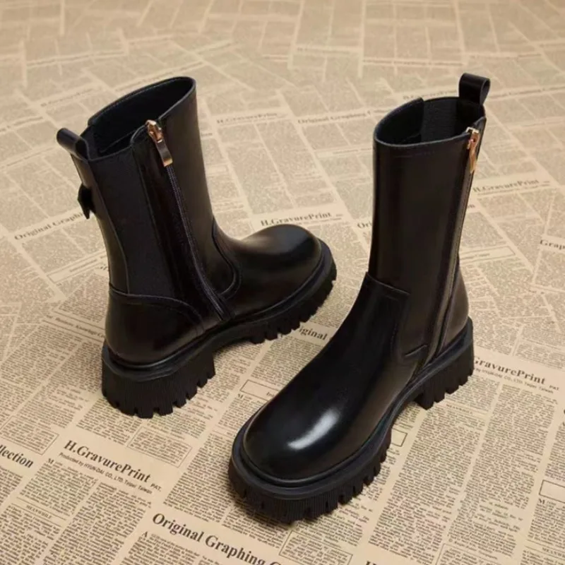 Women\'s Half High Boots Round Toe Chelsea Ladies Mid Calf Shoes Middle Heel Brown Footwear Spring Autumn Sale Gothic Demi-season