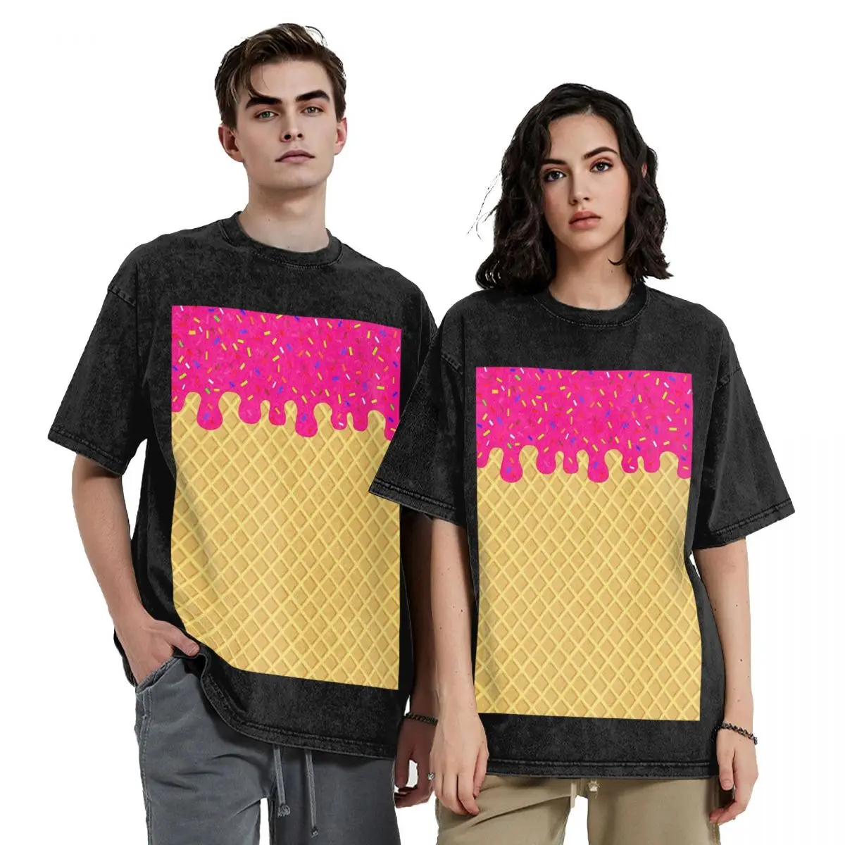 STRAWBERRY Ice Cream Waffle Cone Hip Hop Short Sleeve T-Shirts Washed Tops Tees Streetwear T Shirt Casual for Men Women