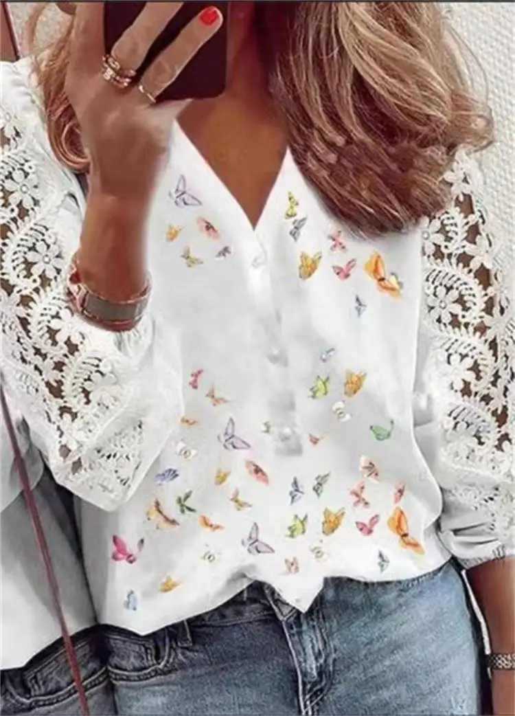 blusas para mujer Spring Solid Button Lace Splice Women Shirt Top White Women Blusas De Mujer Bonitas Y Baratas Blusas Mujer