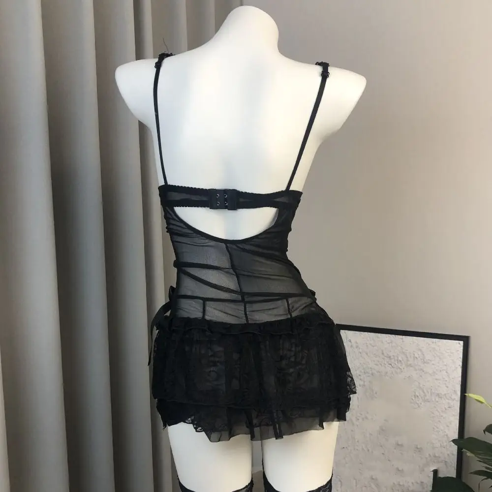 

Nightgown Lace Camisole Briefs Set Mesh Transparent Lingerie Uniform Dress Slim Fit Sleeveless Lace Corset Skirt Home