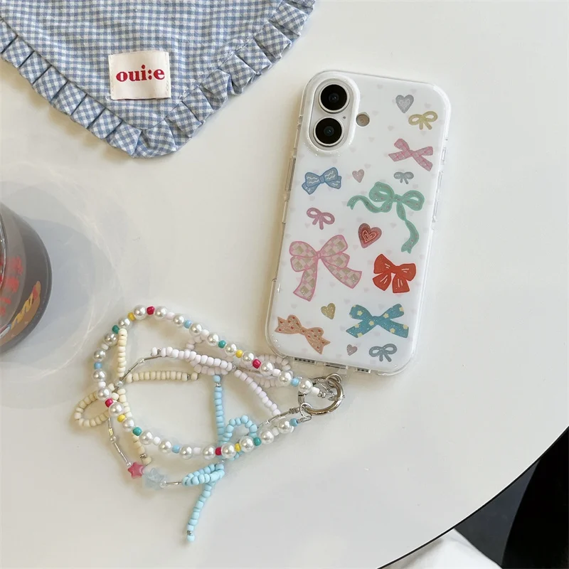 Custodia per telefono Bowknot di colore coreano di moda per iPhone 17 Pro 16 15 14 Pro Max Cover posteriore con cinturino a catena Simpatico cartone animato protettivo C