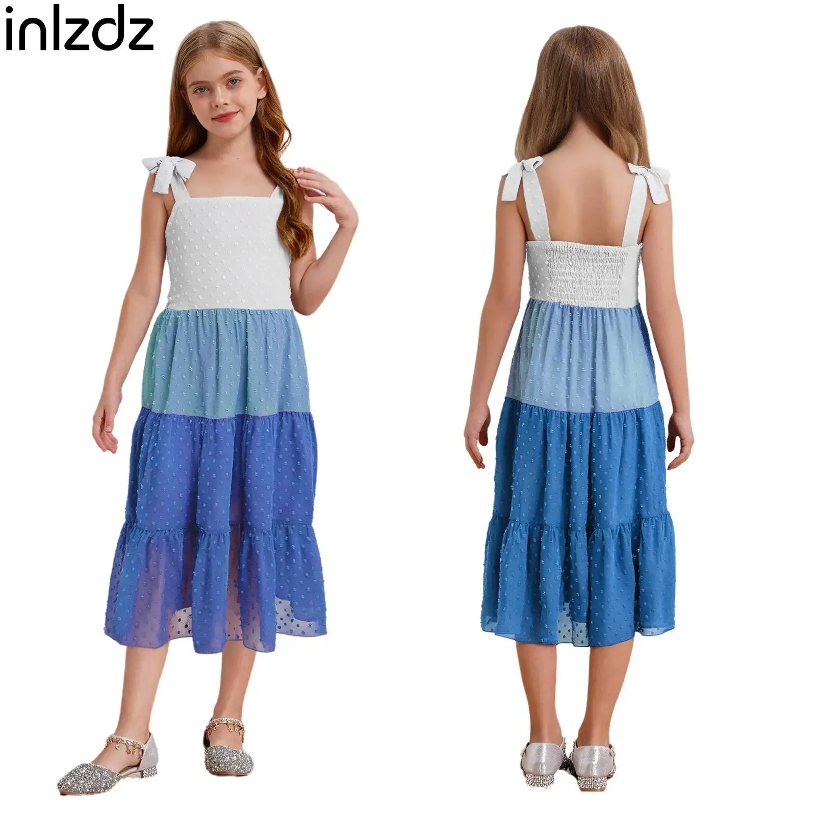 

Children Girls Adjustable Self-Tie Shoulder Straps Sundress Dots Tiered Chiffon Dress Vacation Birthday Party Dress Beach Wear