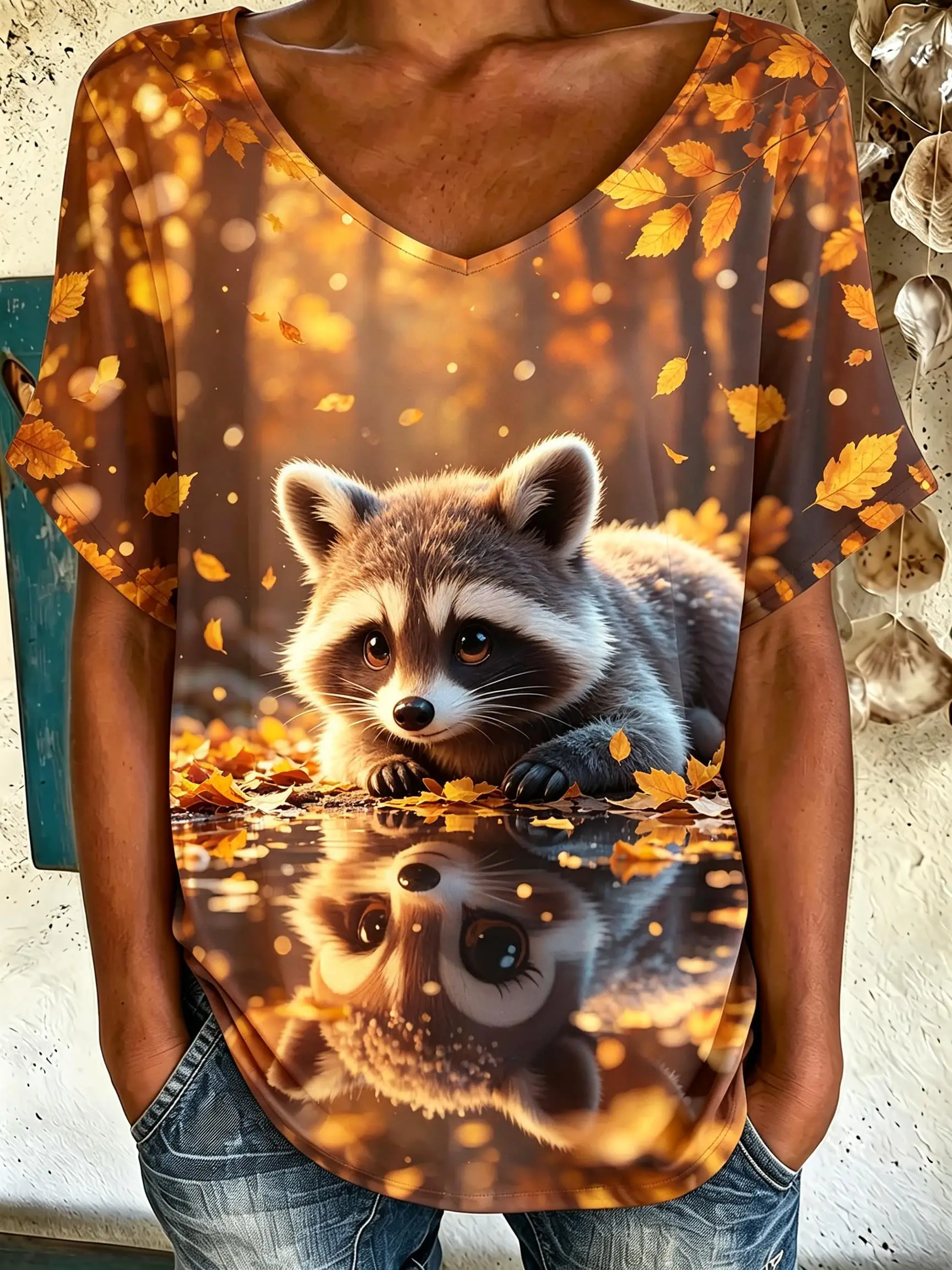 Women V‑Neck Short Sleeve T‑Shirt Cute Animal Water Reflection Print Tee Galaxy Autumn Leaf Graphic Casual Ladies Top