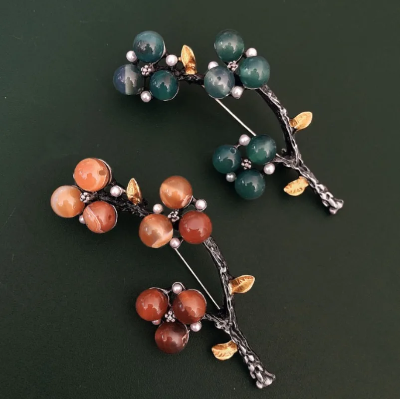 Creative Vintage Natural Stone Branch Flower Inlaid Rhinestone Brooch Pin Clothing Accessories