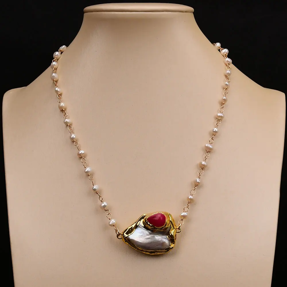G-G Cultured White Potato Pearl Chain Chokers Necklace Baroque Pearl Red Jade Pendant