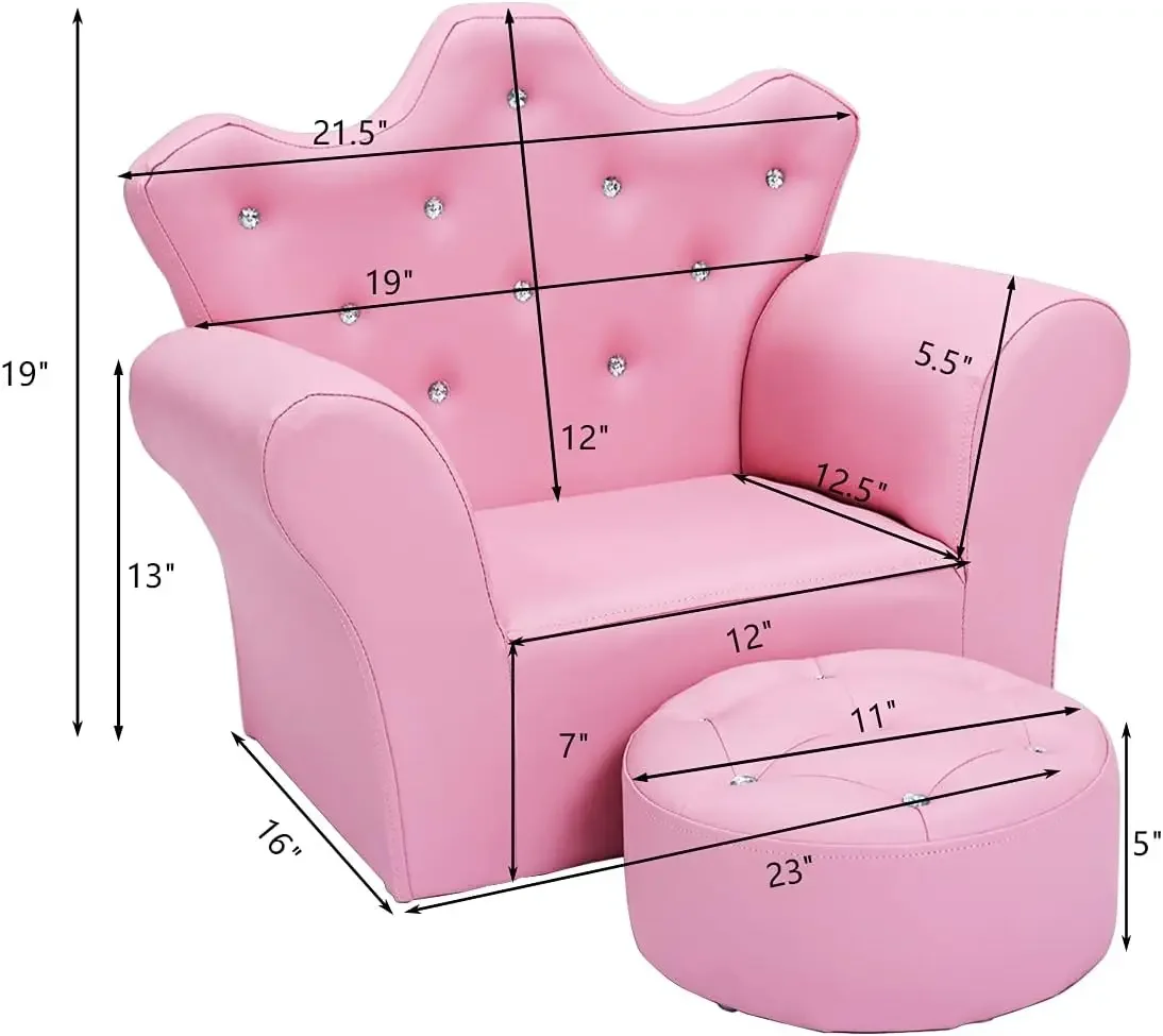 Kids Sofa, Children Upholstered Sofa with Ottoman, Princess Sofa with Diamond Decoration, Smooth PVC Leather Toddler Chair, Kids