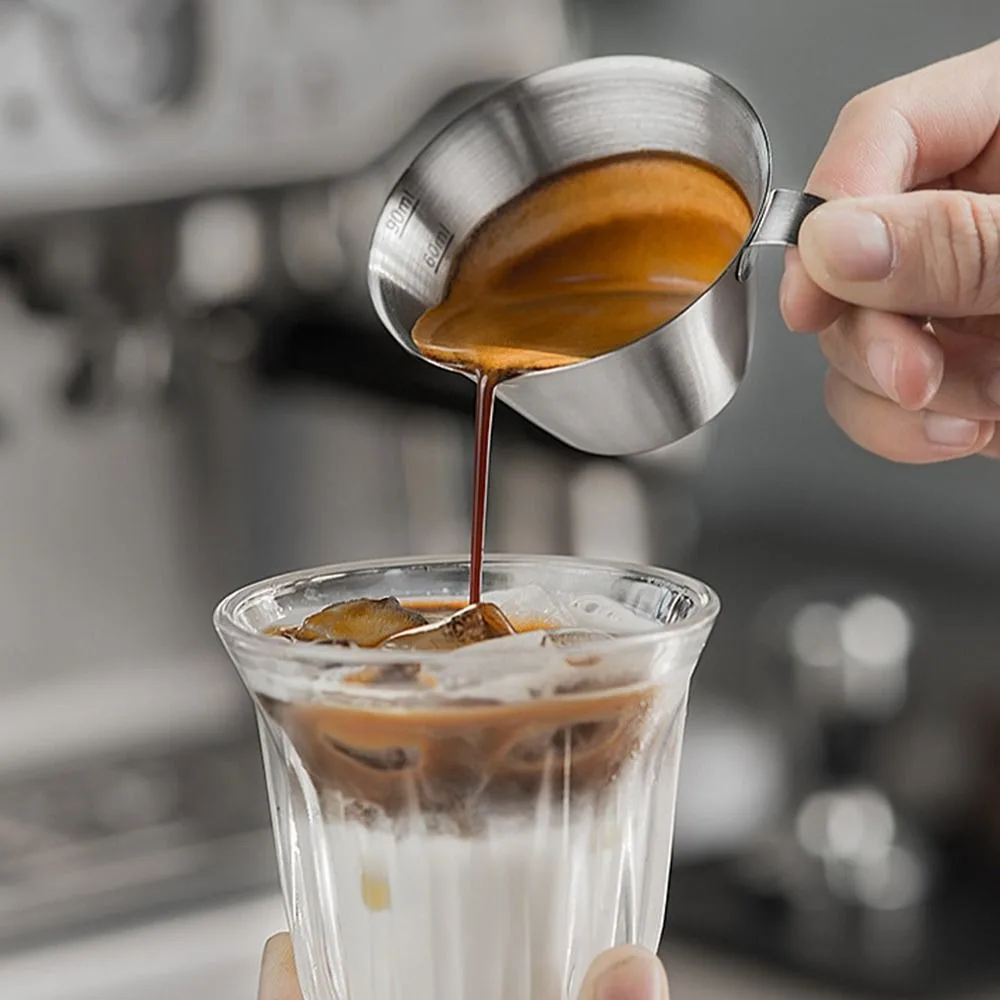 Taza medidora de acero inoxidable para Espresso, jarra con mango ergonómico, Caño, Espumador, escala, Barista