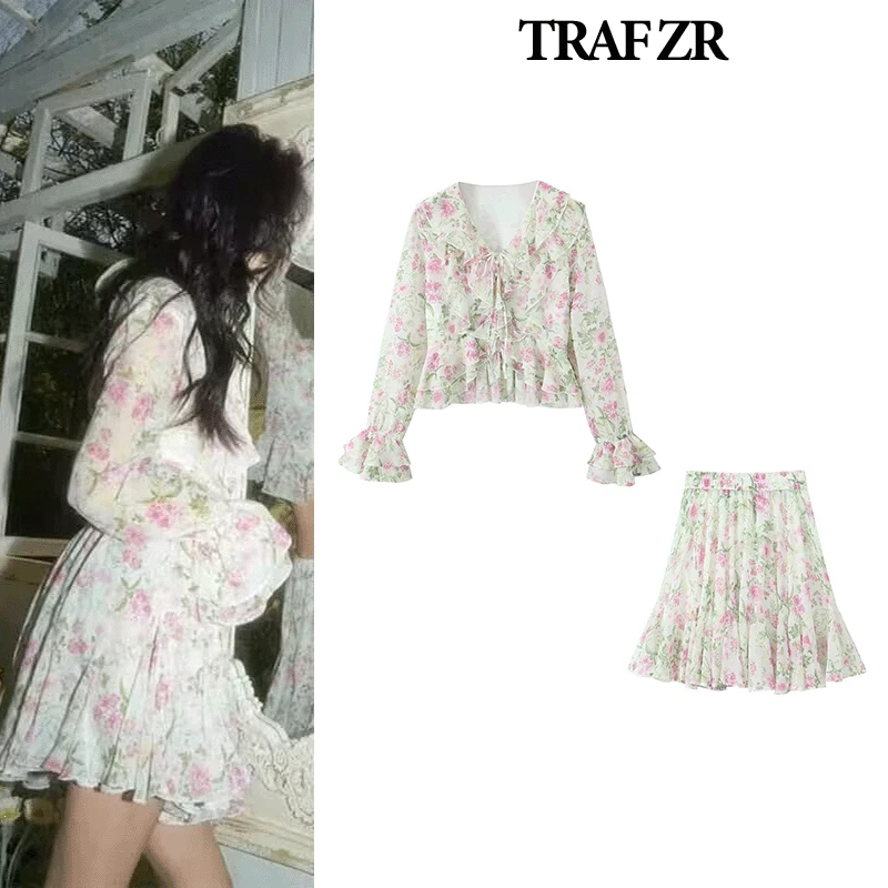 TRAF ZR Printing Sets for Women 2 Pieces Vacation Outfits Woman Elegant Casual Women's Set Butterfly Sleeve Floral Skirts Set