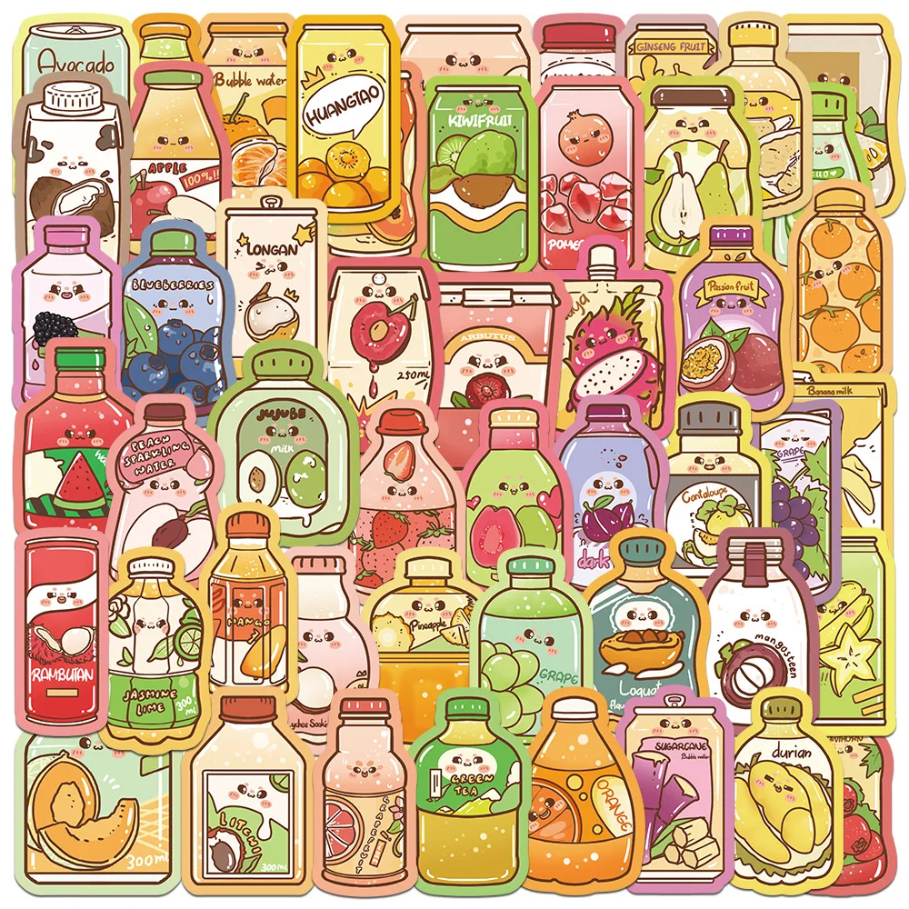 50 high-quality hand drawn colorful summer beverage bottles with high aesthetic value cartoon stickers, luggage, mobile school